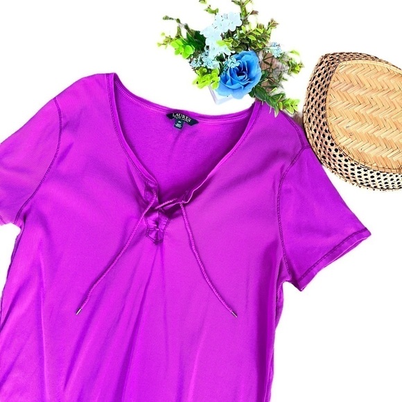 Lauren Ralph Lauren Purple Lace Up Ribbed T-Shirt Size 3X Plus Size - Picture 17 of 17